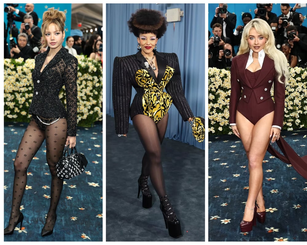 Bodysuit brigade: From left to right — Lisa in Louis Vuitton, Doja Cat in custom Marc Jacobs, and Sabrina Carpenter in burgundy tailoring.