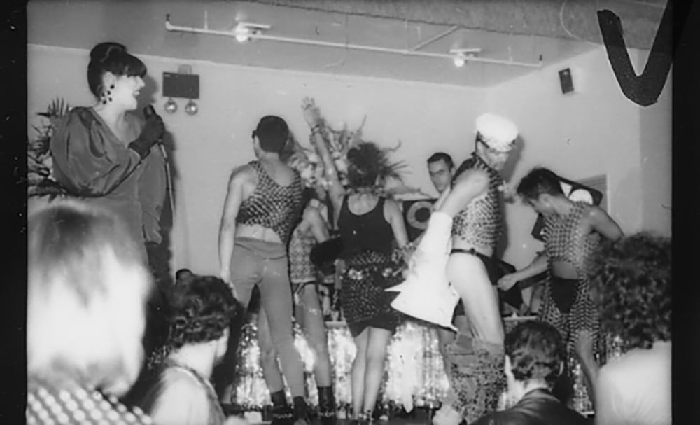 A scene from 'A Ball to Remember' in 1988 with Myra Lewis to the left of the photo and designer David Spada and company