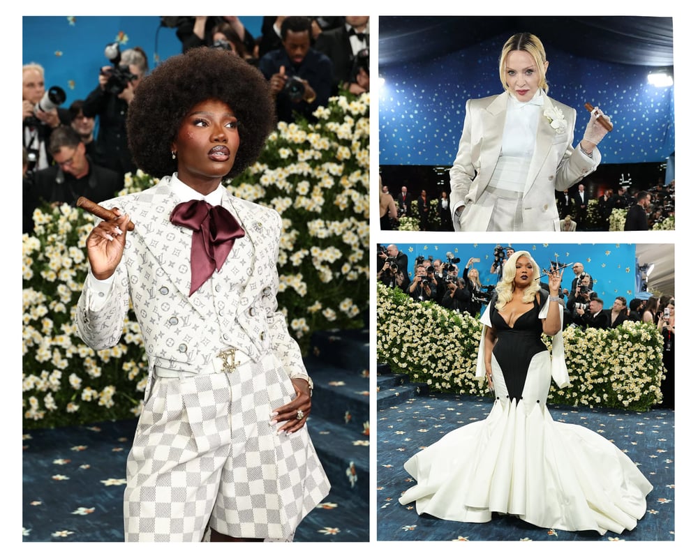 Cigars, satin, and attitude: From left to right — Doechii in Louis Vuitton, Madonna in satin suiting, and Lizzo with a theatre-length cigarette holder.