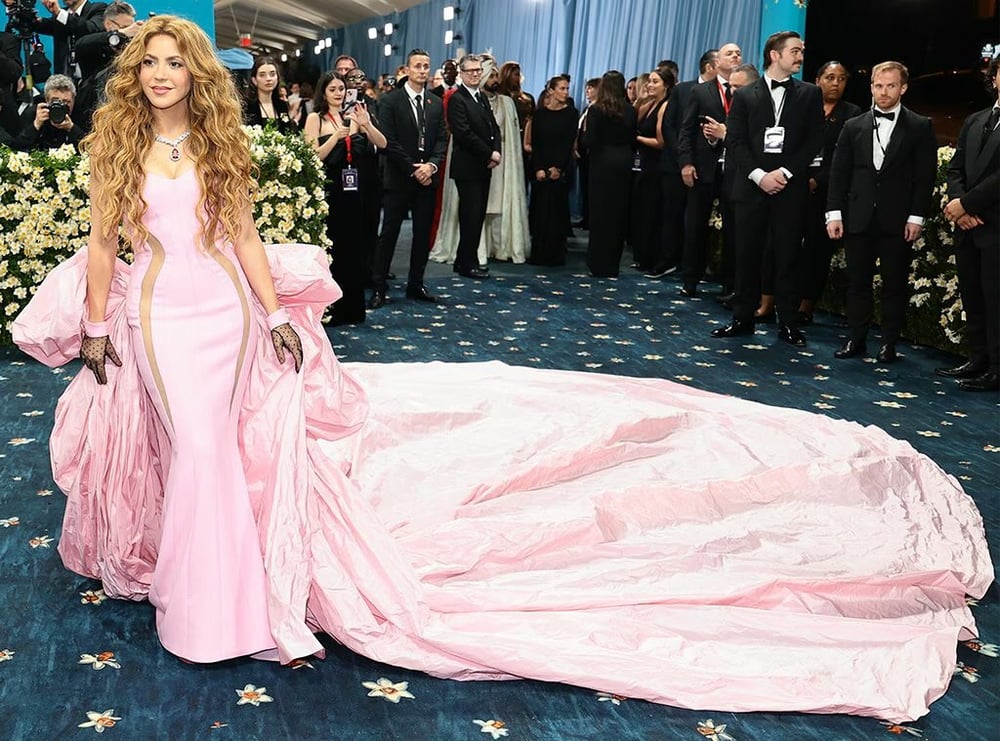 Shakira at the Met Gala in a dramatic pink Atelier Prabal Gurung gown with an 8-foot train.